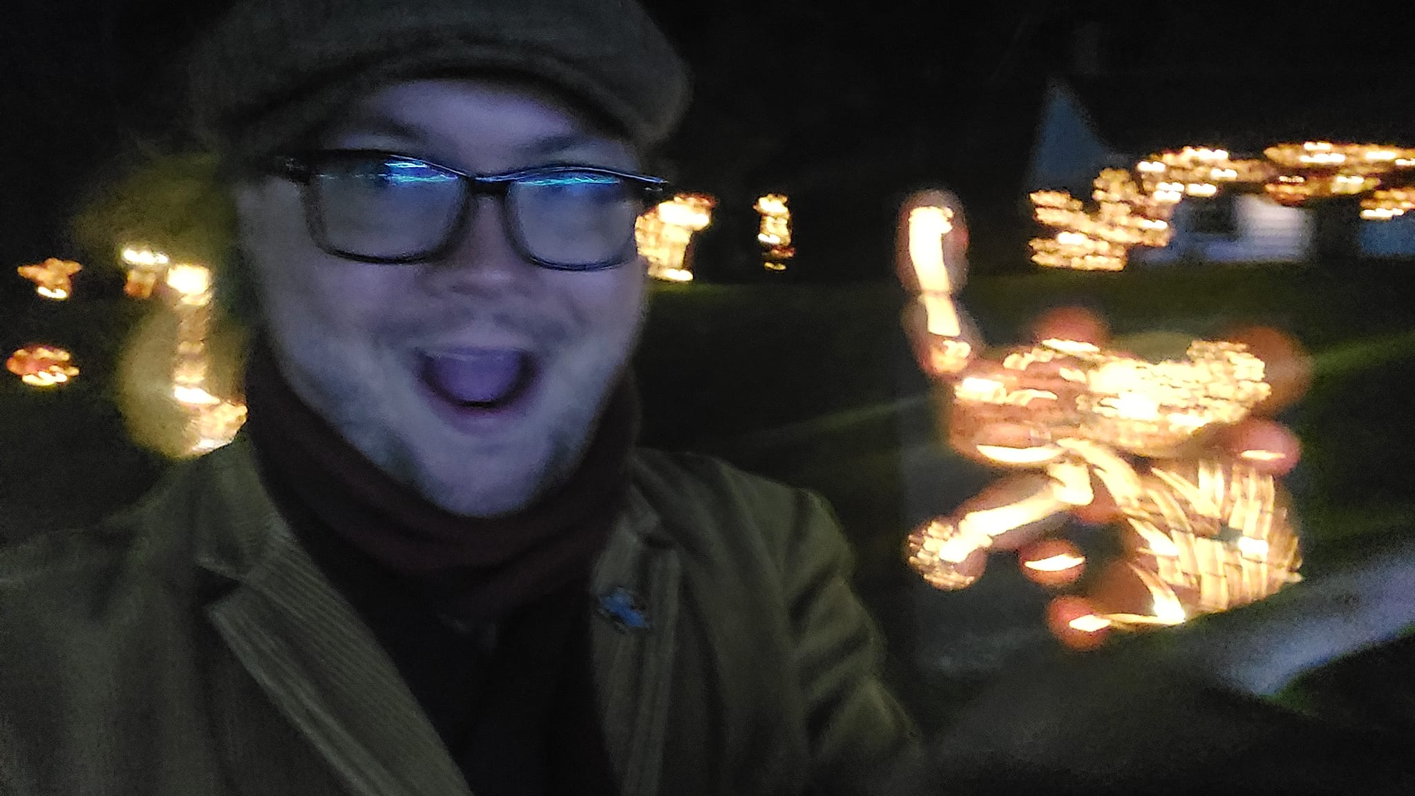 A blurry man stands in front of an ostrich made of jack-o-lanturns